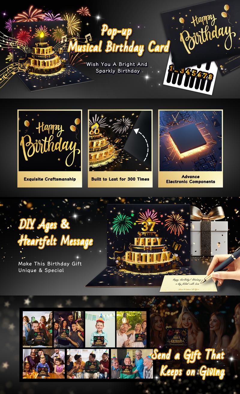 Birthday Pop-Up Card with 3D Cake & Fireworks, DIY Number 1-99, Musical Birthday Song, Black & Gold Design with Envelope, Special Gift Greeting Card Birthday Pop-Up Card with 3D Cake & Fireworks, DIY Number 1-99, Musical Birthday Song, Black & Gold Design with Envelope, Special Gift Greeting Card