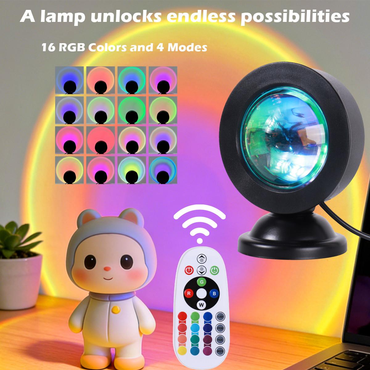Sunset Lamp Projector, 16 Color Changing Rainbow Light, Remote Controlled LED Table Lamp, USB Sunlight Lamp for Bedroom Decor