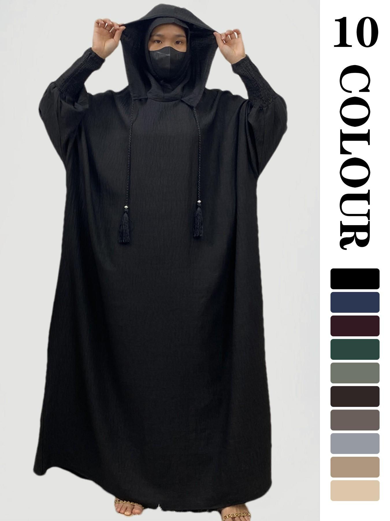 Women's Solid   Hooded   Dress, Casual Long Sleeve Dress for Fall & Winter, Women's Islamic Clothing for Daily Wear, Modesty Muslim Clothing