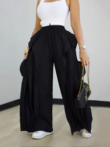 Women's Casual Wide Leg Pants, Loose-Fitting Striped Patchwork Design, Unlined Workwear Style, All-Season Comfortable Long Trousers