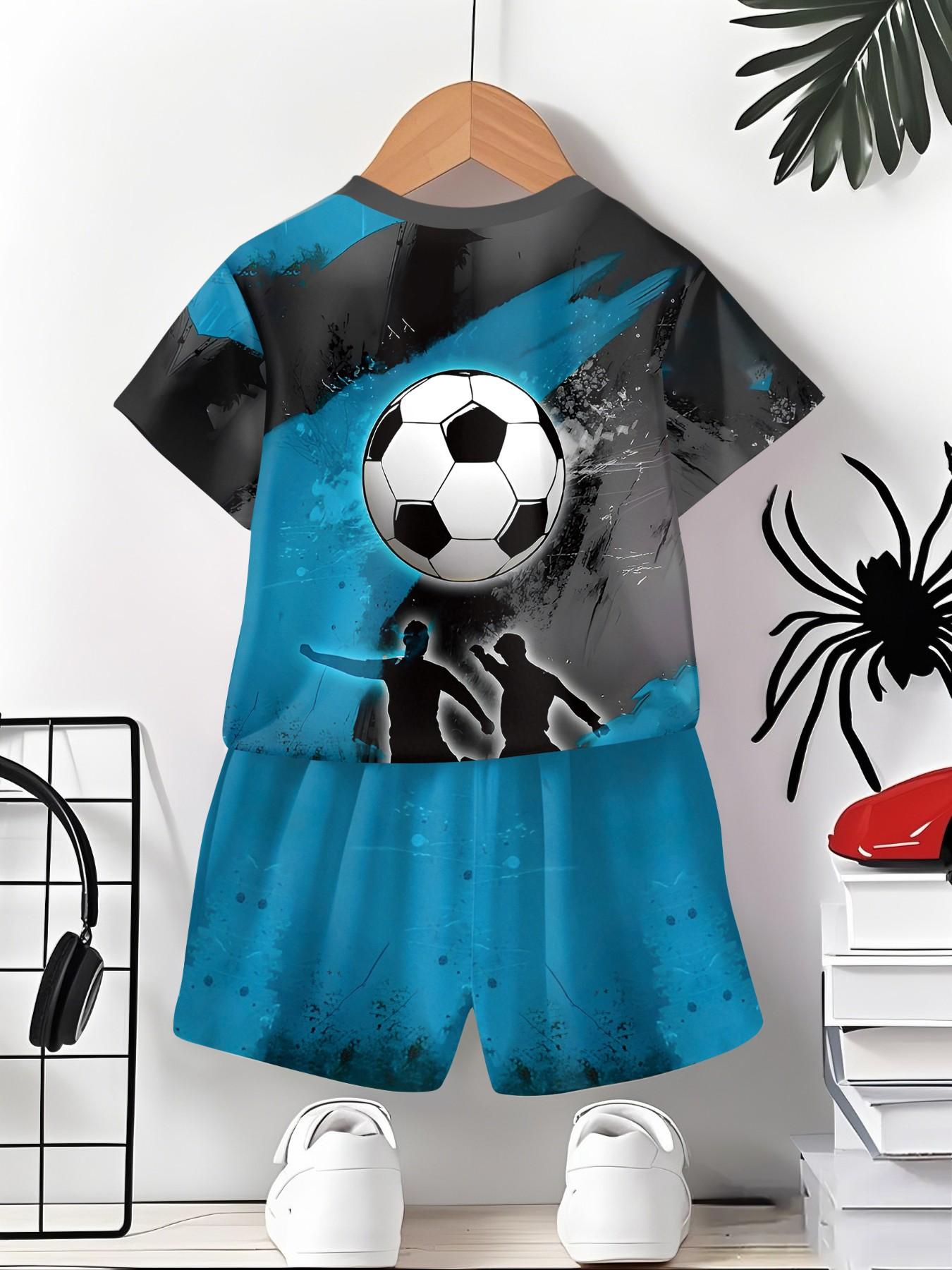Ink-style short-sleeve and shorts two-piece set for football players, 100% polyester casual loose-fit set, summer fun printed pattern, outdoor sports T-shirt set, perfect gift for boys