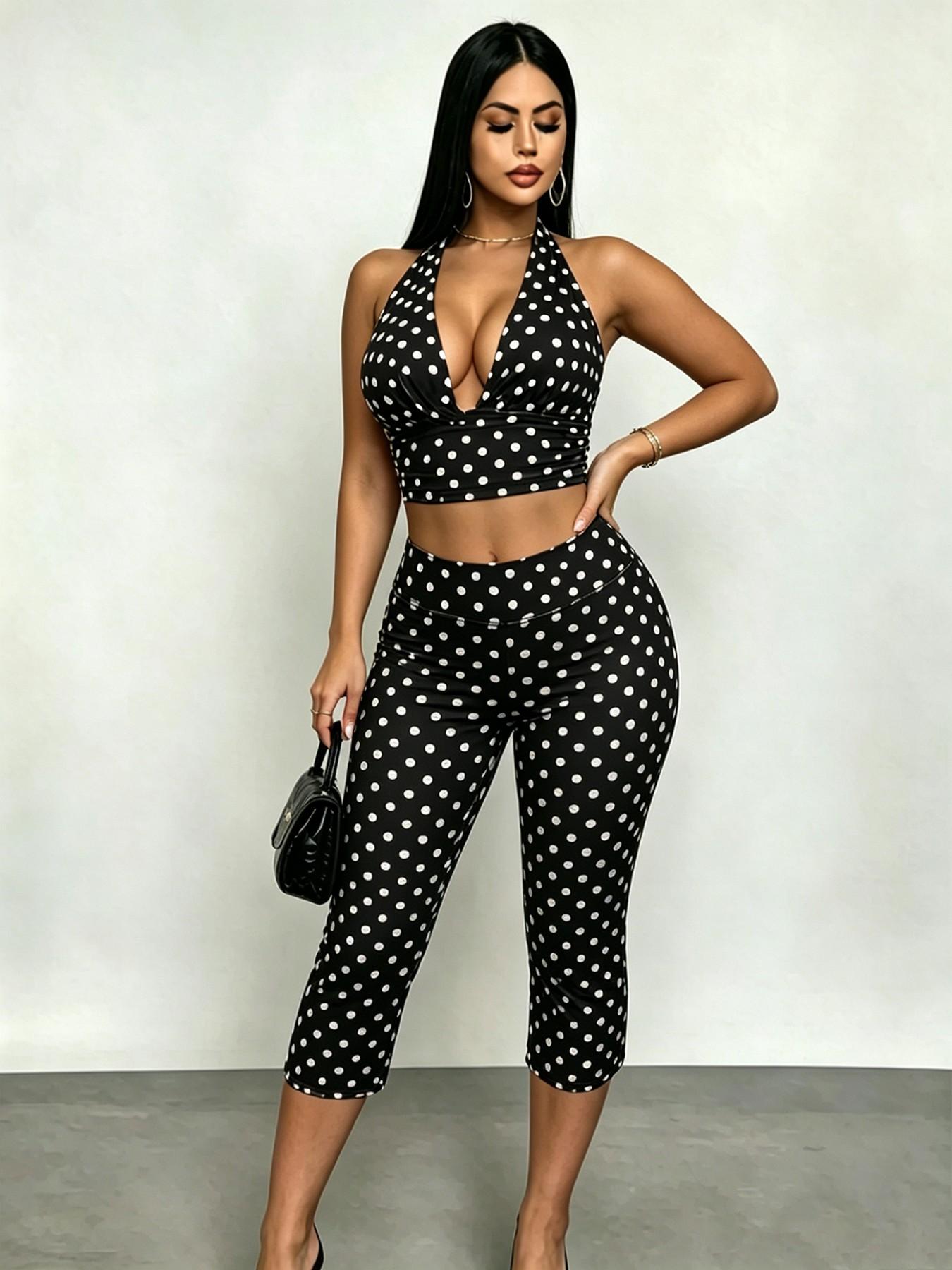 Tiktok Viral 2026 Women's 2 Pack Polka Dot Set, Halter Neck Deep V Crop Top & High Waisted Capri Leggings, Y2K Retro Streetwear, Outfit, Stretchy