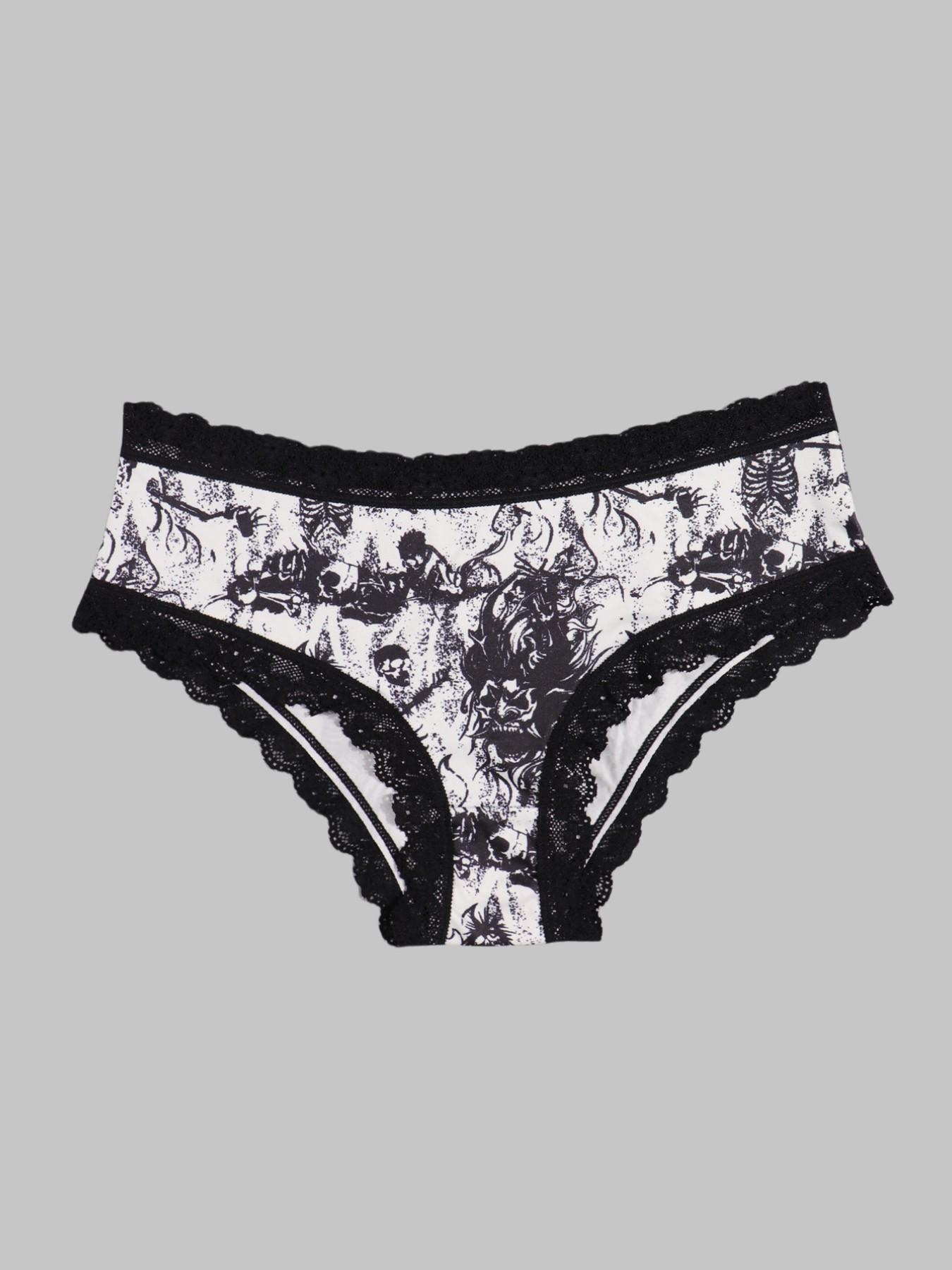 Morvia 6Pcs Gothic Alt Girl Panties Underwear, Dark Lace Lingerie, Soft Cotton Crotch, Emo Punk Vampire Style Knickers, Assorted Spooky Prints, Comfort Daily Wear