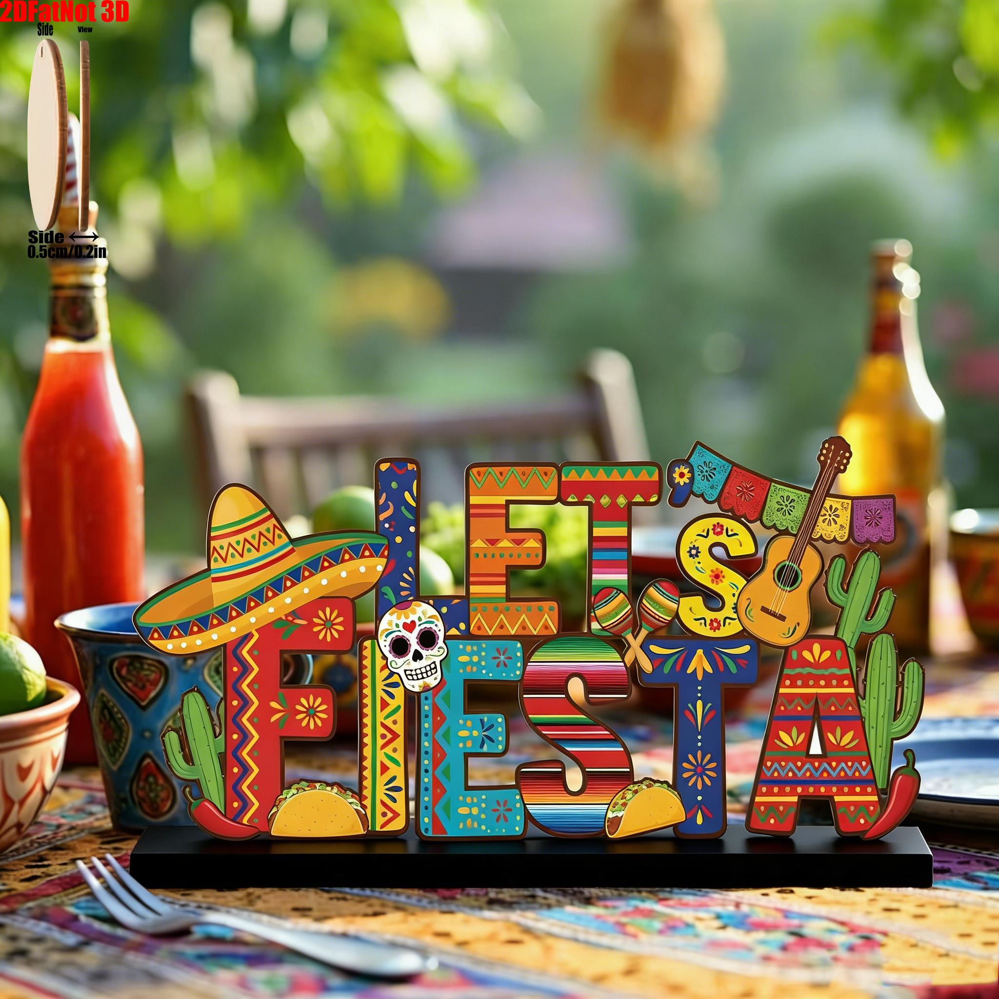 2D Wooden Mexican Cinco De Mayo Table Centerpiece, Festive Layered Tray Decor, Wood Base for Shelves, Fireplace, Home Office, Party Gift