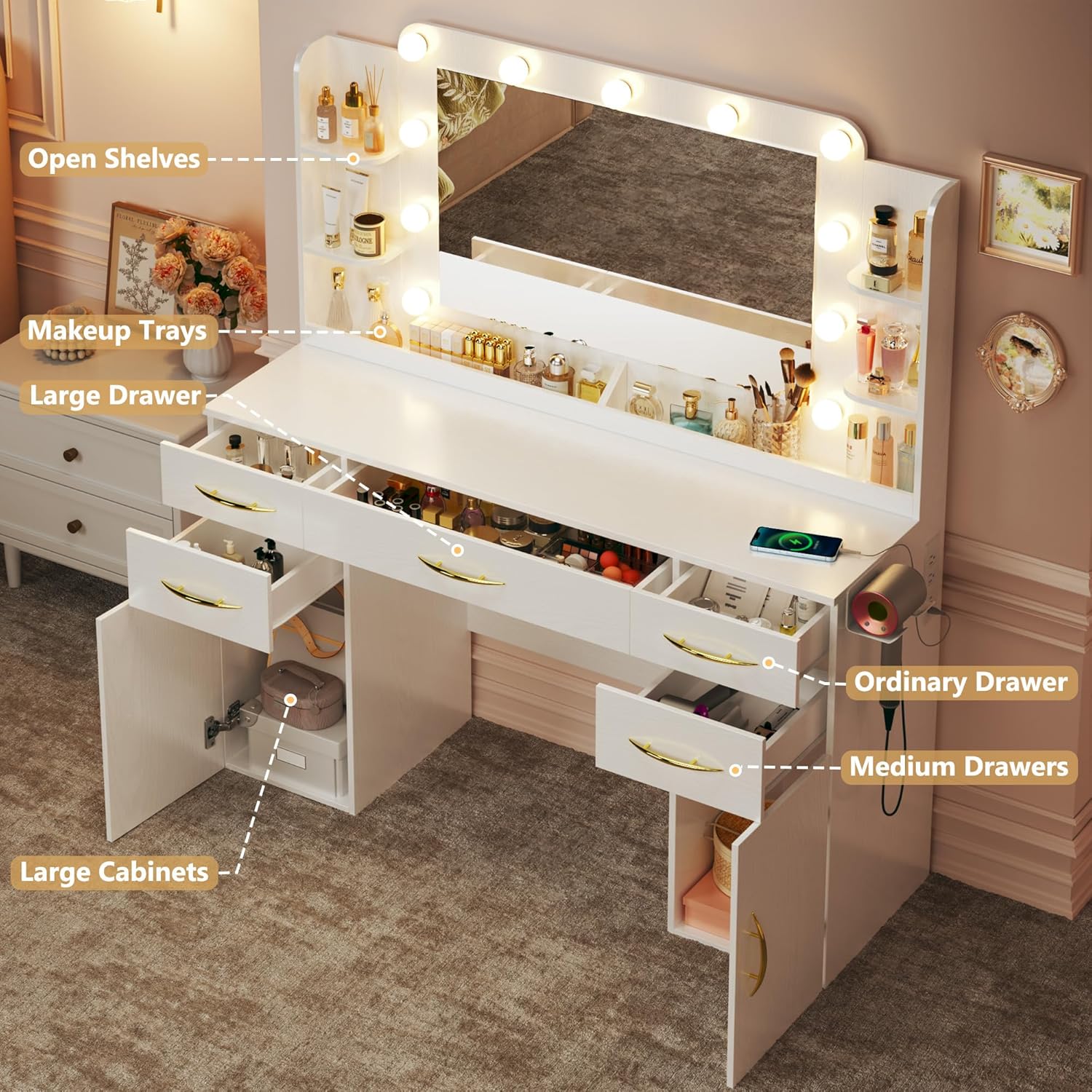 Large Makeup Vanity Desk with Lights, 50" Wide Vanity Table with Mirror & 3 Lighting Modes, Built-in Power Outlet, 5 Drawers & 2 Cabinets, Spacious 23.6" Legroom, White Large Makeup Vanity Desk with Lights, 50" Wide Vanity Table with Mirror & 3 Lighting Modes, Built-in Power Outlet, 5 Drawers & 2 Cabinets, Spacious 23.6" Legroom, White