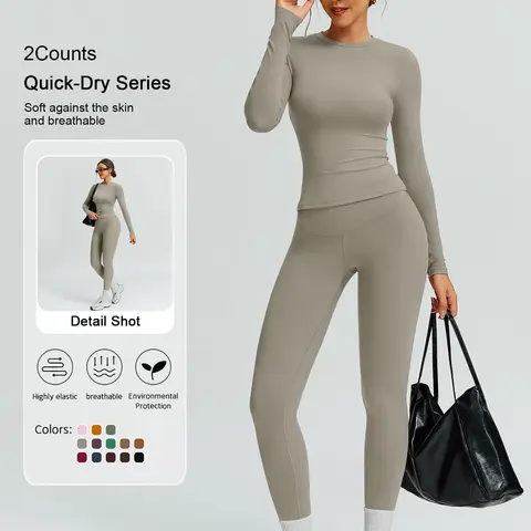 Women's Solid Color Long Sleeve Tee & High Waist Leggings Tracksuit Set, Sporty Comfy Breathable Outfits for Gym Workout Running, Ladies Fall & Winter Sportswear