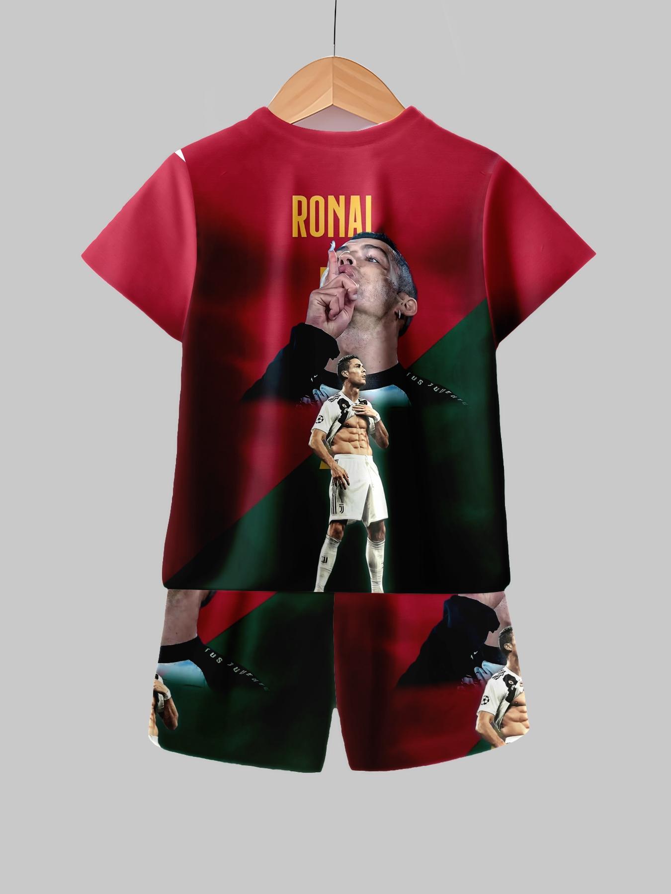 Cristiano Ronaldo Classic Celebration Printed Kids Sports Suit, Boys T-shirt & Shorts, Outdoor Football Training & Casual Two-Piece Set