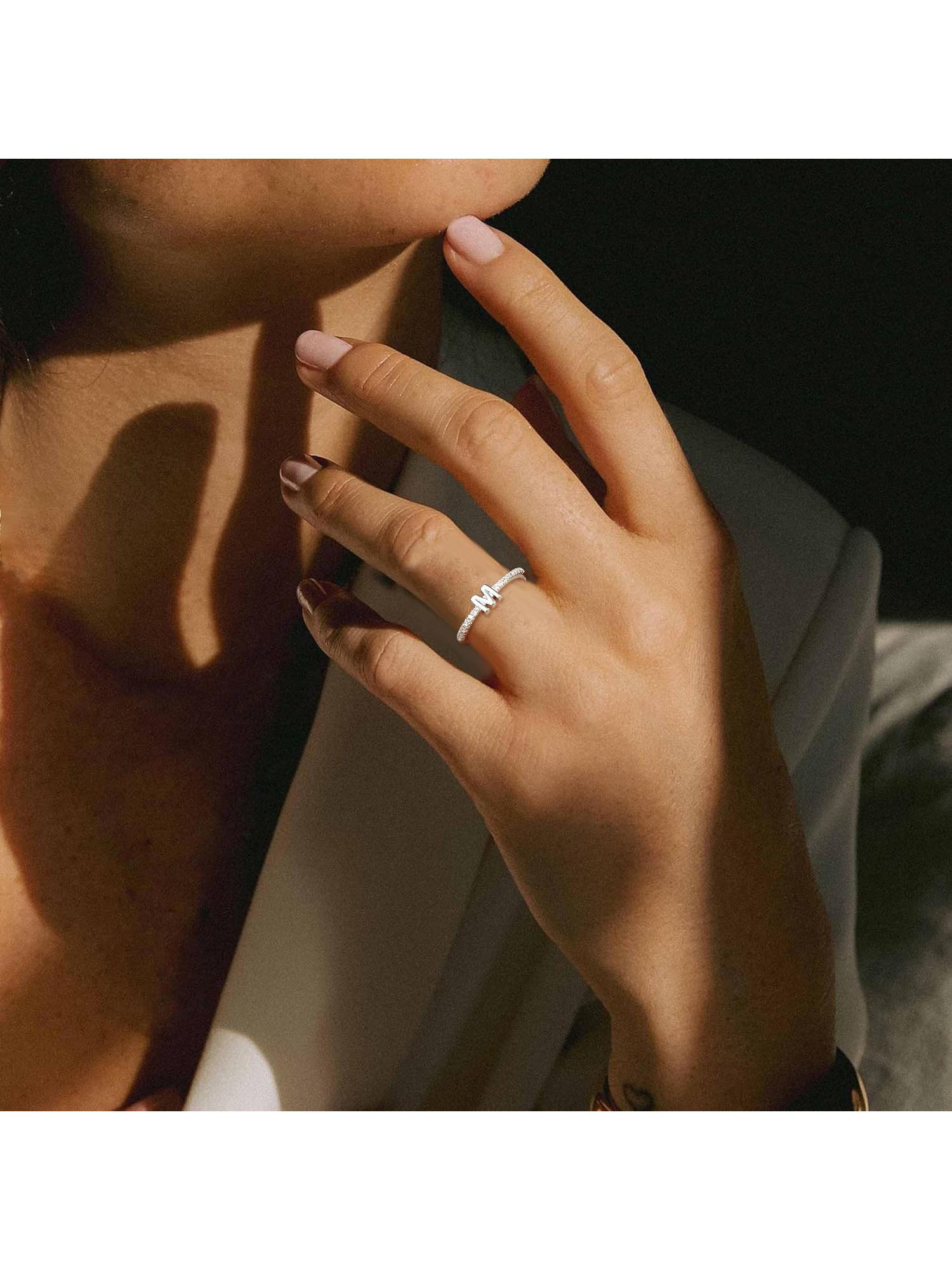 1 Pc S925 Sterling Silver Initial Rings for WAdjustable Silver Gomen, Old Plated Stackable Rings for Women Letter Initial CZ Rings Alphabet Elegant Everyday Ring