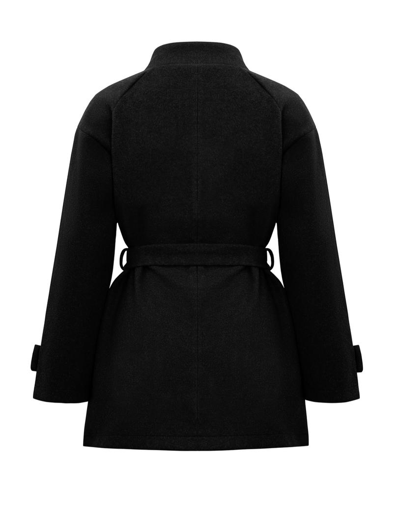 Elegant Stand Collar Belted Long Coat Jackets, Plain Pattern, Fitted Style, Long Sleeve, Casual Fall & Winter Outerwear