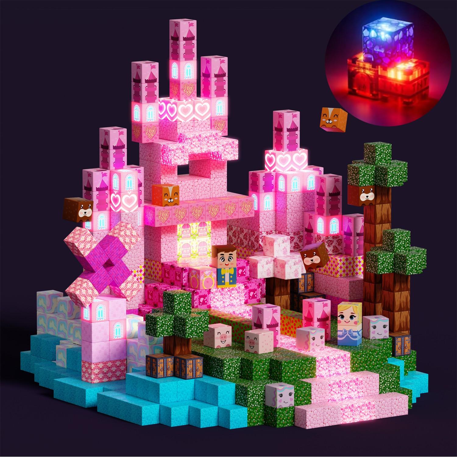 Magnetic Building Blocks 100/150/200 PCS, Light Up Pink Princess Castle Magnetic Blocks & Tiles Set, Large Particles STEM Montessori Sensory Toys for Spatial Reasoning & Cube Building, Outdoor Magnetic Cubes for Ages 3+ Boys Girls Christmas Birthday Gift