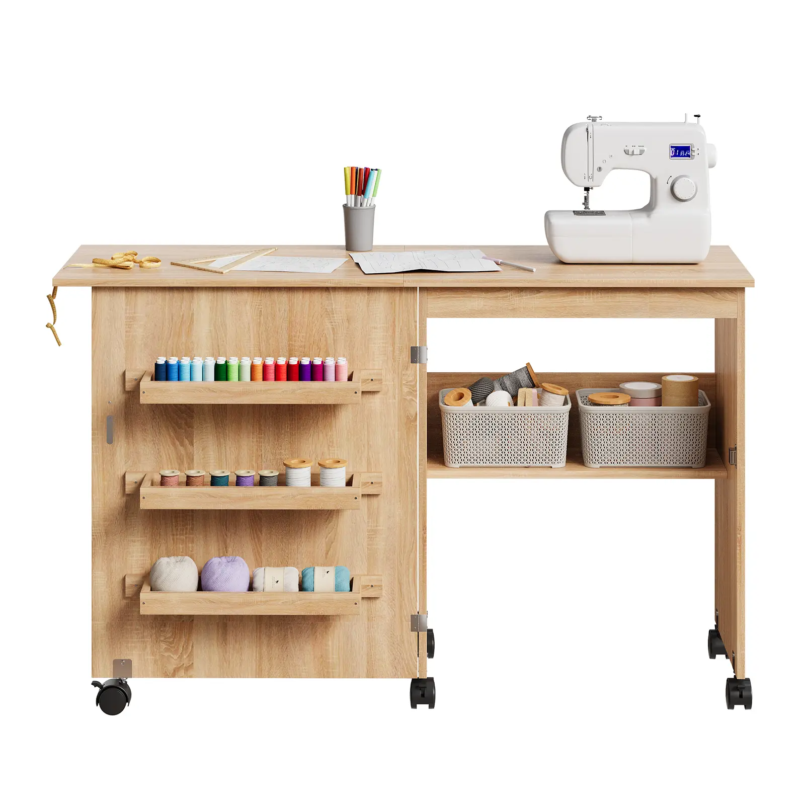Space-Saving Folding Sewing Table with Lockable Wheels, Magnetic Locks & Storage – Craft Station with Trays, Pegs & Open Shelf for Home or Apartment, Natural Oak Finish