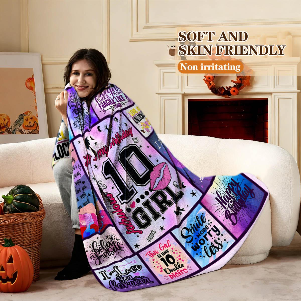 Girls' 10th Birthday Marble Pattern Blanket, Soft Flannel, Lightweight Warm, No Pilling Shedding, Living Room Bedroom Window Cover, Gift Pet Rug