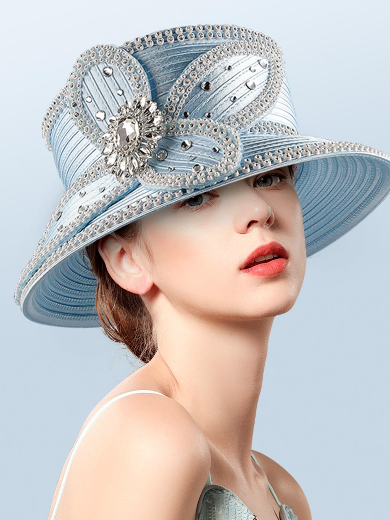 Elegant Women's Church Hat, Vintage Satin Rhinestone Bridal Hat, Party Tea Derby Hat, Sun Protection Wide Brim Hat, Sunday Church Hat