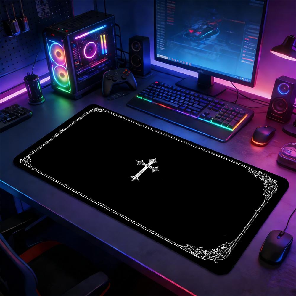 Dark Occult Cross Theme Large Extended Gaming Mouse Pad, Non-Slip Rubber Base Stitched Lock Edge, Intricate Frame Art Desk Mat, Durable PC & Laptop Accessory for Home/Office, Great Gift for Alt Aesthetic Fans, Computer Mouse Pad, Mousepad