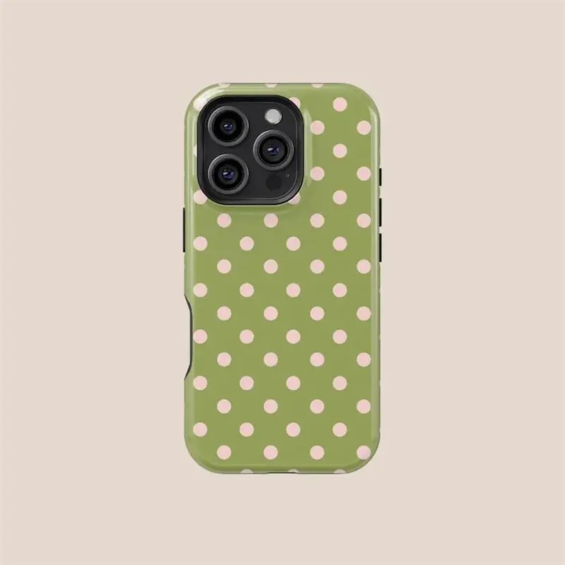 Olive Green with Pink Polka Dots Phone Case - Phone Case for iPhone 11 12 13 14 15 16 17 Pro Max & Samsung Galaxy S26 S25 Ultra S24 Plus S23 FE Aesthetic Style.MFLA37, Smartphone, Cellphone, Protection