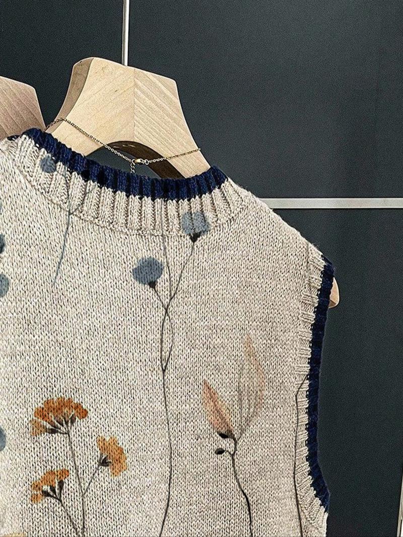 Elegant Floral Pattern Sleeveless Knit Top for Women, Casual and Loose Fit Round Neck Pullover for Spring and Autumn, Ideal for Outings