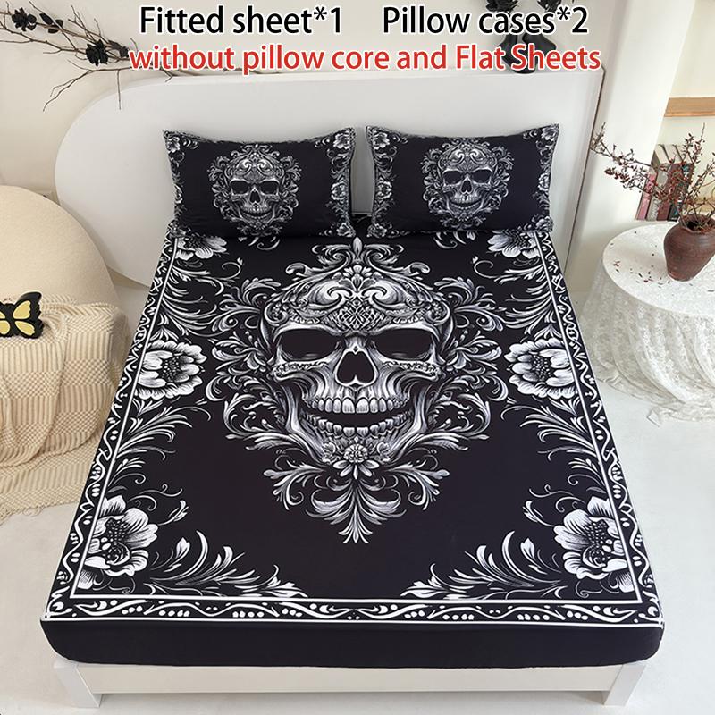 3 Pieces Black Skull Floral Fitted Sheet Set (1 Fitted Sheet + 2 Pillowcases without Pillows) High-Definition Digital Printing, Trendy Cool Bedroom Infused with Gothic Romance, Unlocks Niche Trendy Bedroom Style Bedding Accessories