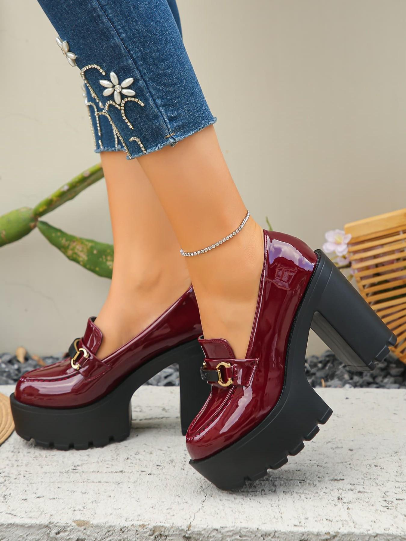Women's Platform Chunky Heel Loafers High Heels, Patent Leather Upper, Metal Buckle Detail, Height Increasing, Block Heel, Versatile Elegant Formal & Casual Party Evening Shoes for Work, Office, Business Occasions, Platform Footwear