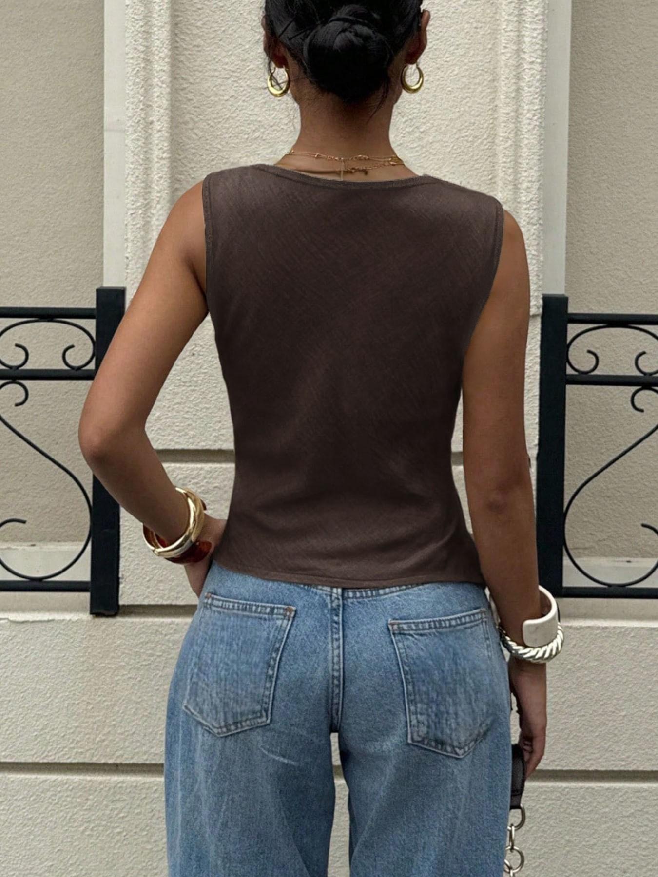 Women's Micro Tank Top Outfit, Summer Pile Collar Vest, Metal Decoration Irregular Sleeveless Top, Stylish Casual Wear, Perfect for Daily