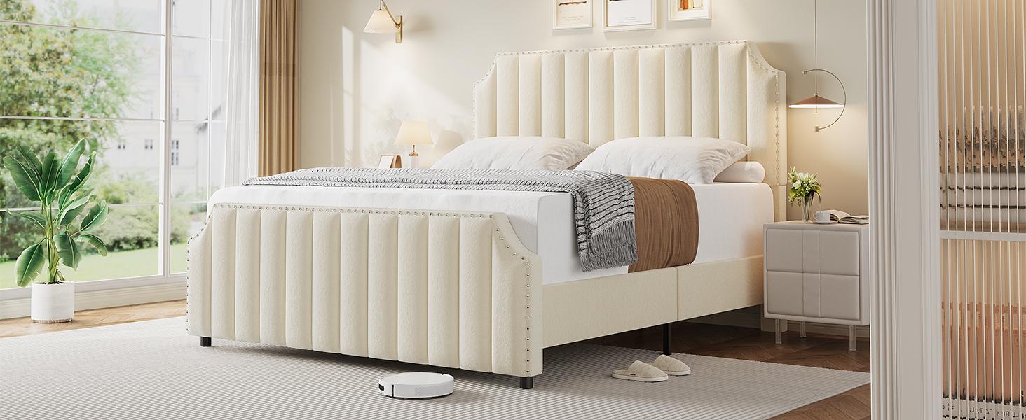King Size Platform Bed Frame with 50.2" Tall Headboard, Velvet Upholstered Bed Frame King with Vertical Channel Tufted Headboard & Footboard, Nailhead Trim, No Box Spring Needed King Size Platform Bed Frame with 50.2" Tall Headboard, Velvet Upholstered Bed Frame King with Vertical Channel Tufted Headboard & Footboard, Nailhead Trim, No Box Spring Needed