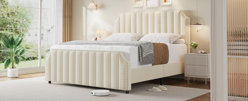 King Size Platform Bed Frame with 50.2" Tall Headboard, Velvet Upholstered Bed Frame King with Vertical Channel Tufted Headboard & Footboard, Nailhead Trim, No Box Spring Needed