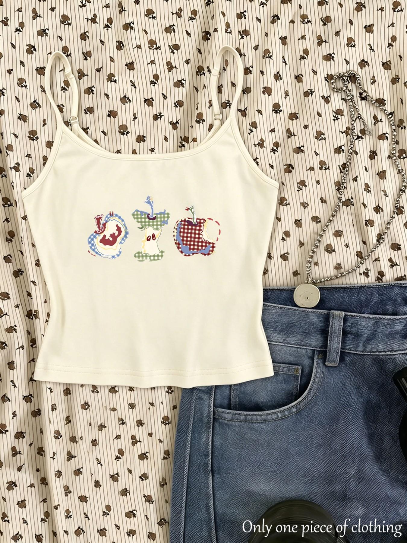 Y2K Style Apple Print Crop Top, Adjustable Shoulder Straps, Slim Fit Sleeveless Shirt, Streetwear Trendy Women's Clothing, Spring Summer New Arrival