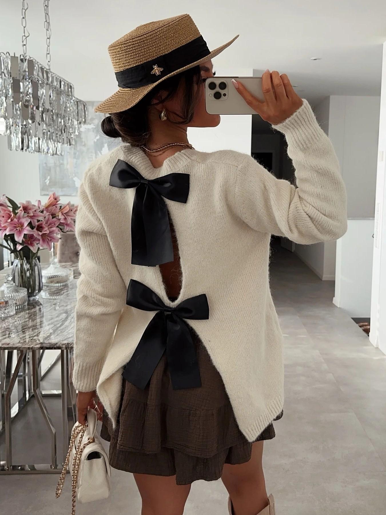 Women's Fashion One-Piece Sweater, Autumn Winter Round Neck Pullover, Back Slit Bow Design, High Stretch Classic Pure Color Top233