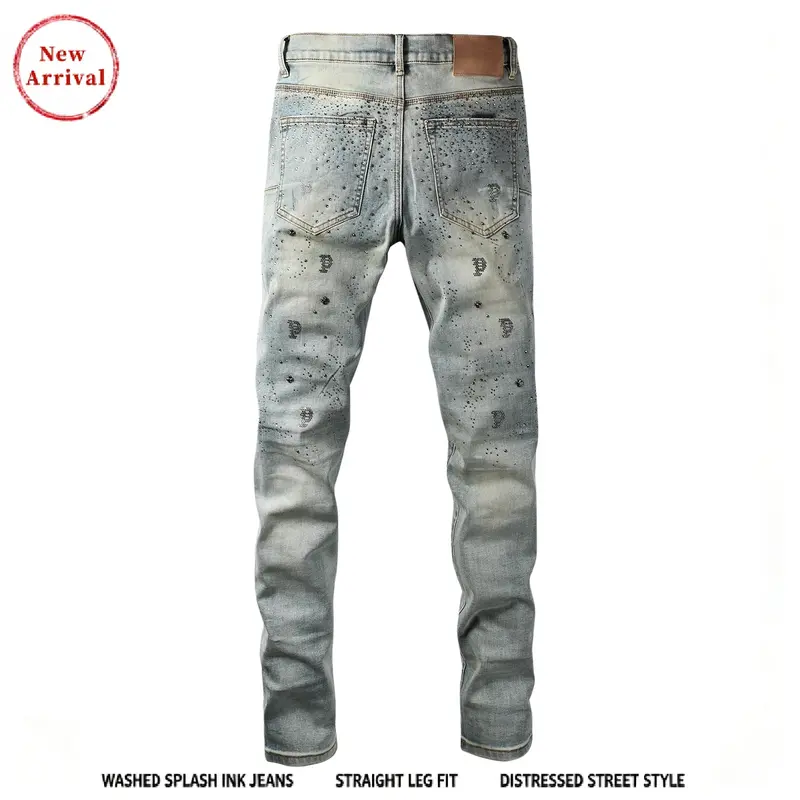 Men's Vintage School-Style Streetwear Denim Ripped Slim Fit Washed Stretch Cotton Blend Jeans - Menswear, Casual Comfortable High-Quality, Smooth Pockets, All Season Regular Size