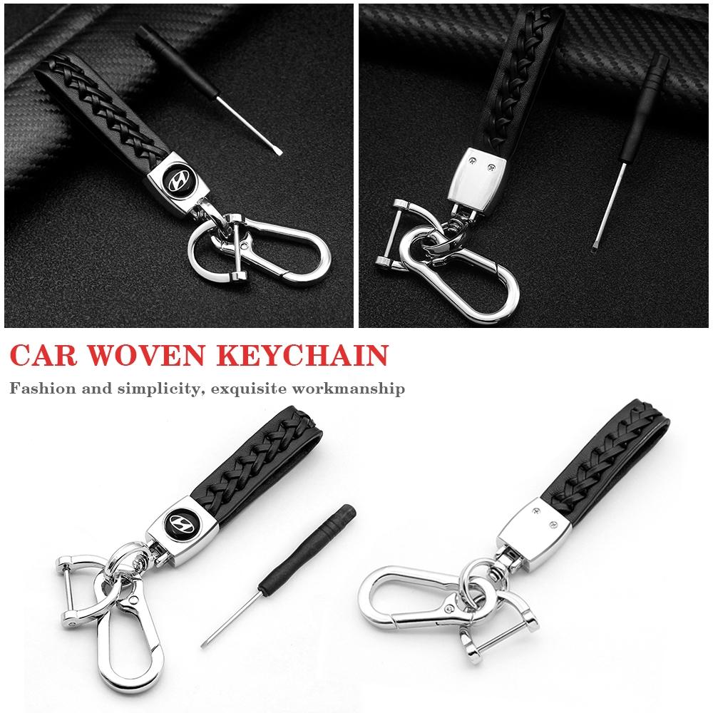 Hyundai Car Logo Leather Keychain, Woven Leather Strap Design, Metal Clip Key Holder, Durable Alloy Car Key Ring, Fashionable Alloy Keychain