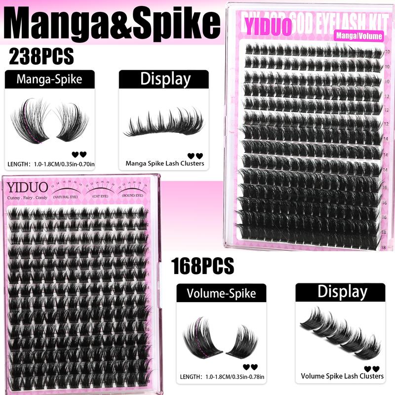 887 Pcs 4 Styles Lashes Kit 100D/150D/Manga/Volume Fluffy Eyelash Clusters Kit 10-18mm Cluster Eyelash Extension Kit D-Curl With Lash Bond and Seal*2, Lash Remover，Lash Tweezers,Eyelash Brush DIY at Home Easily