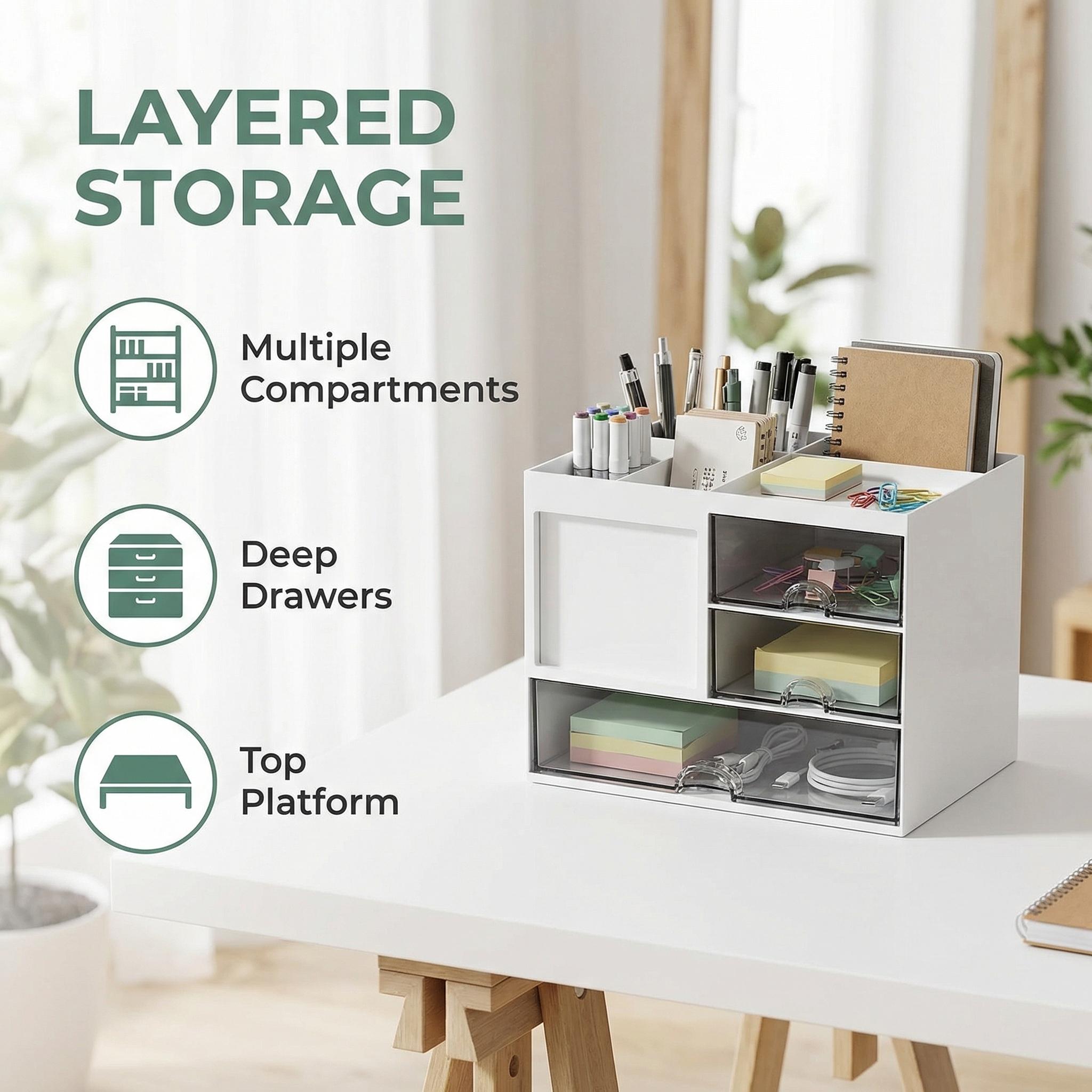 A desktop organizer with three drawers; a multi-functional pencil holder suitable for use in offices or at home; a desktop storage device with 8 compartments; available in white, perfect for storing art supplies in offices or homes.