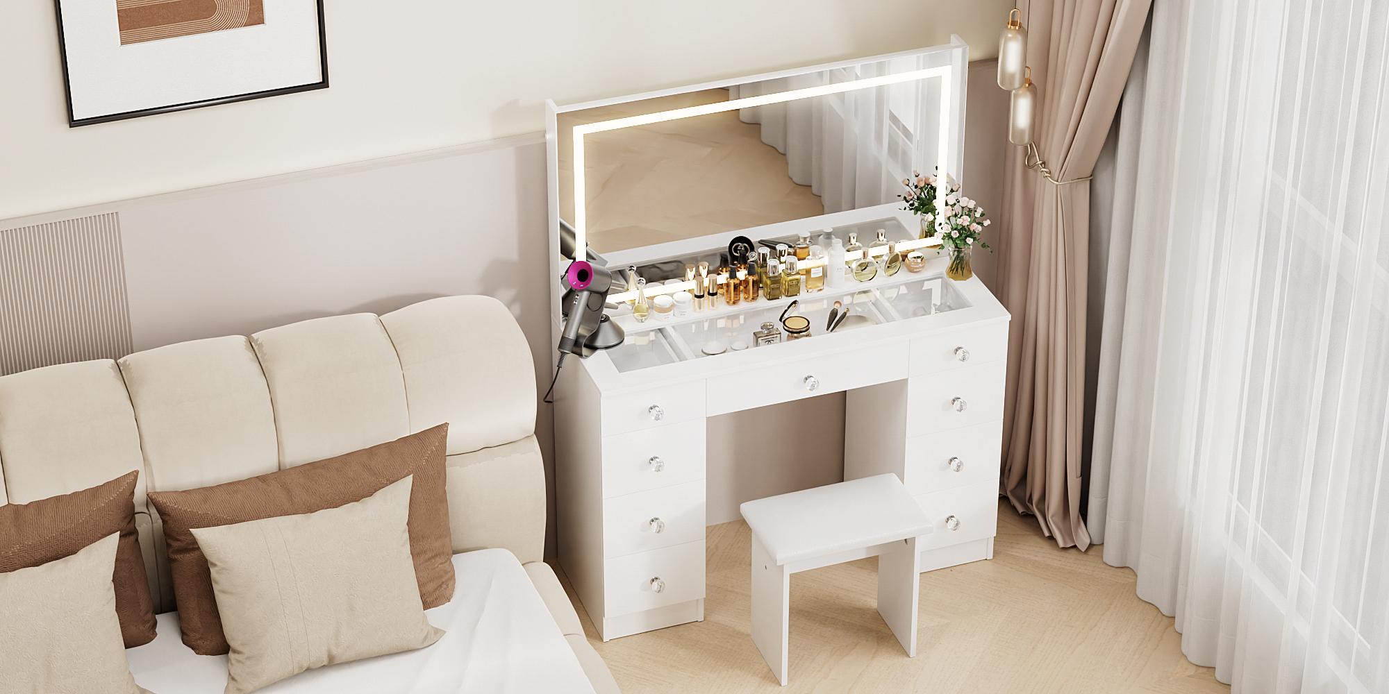 VOWNER Makeup Vanity Desk Table with Lighted Mirror,Power Outlet and 9 Drawers,Come with Soft Cushioned Stool