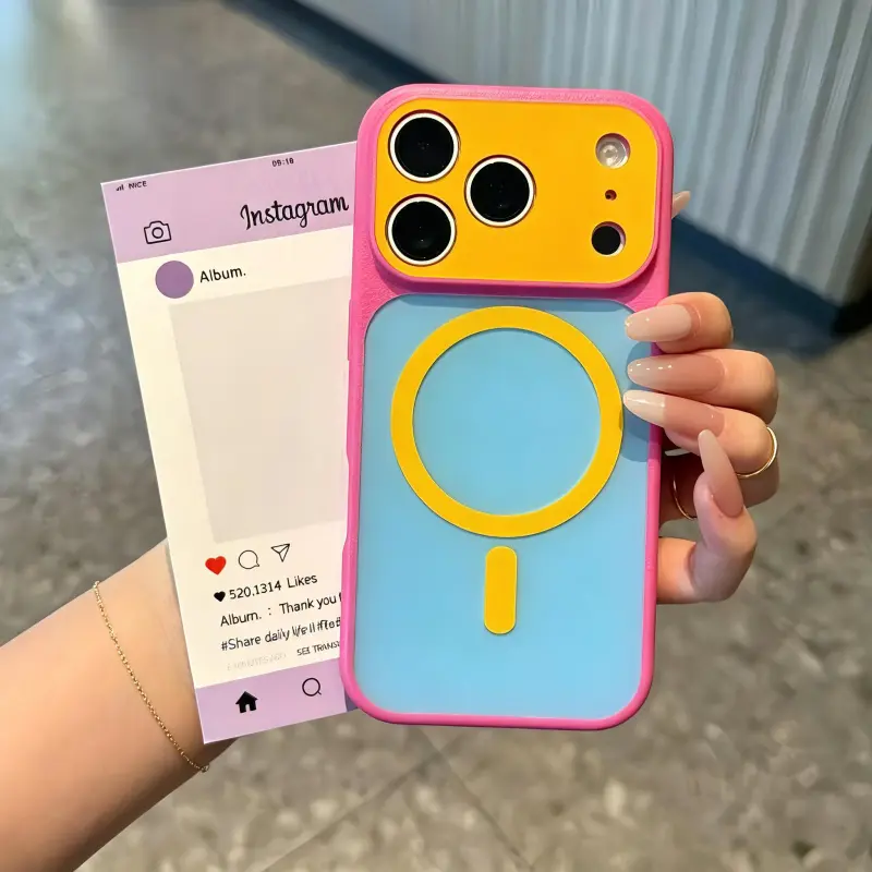 Dopamine Color Block Slim Phone Case for iPhone 17 16 15 14 13 Pro Max, Matte Hard PC Cover, Magnetic Wireless Charging Compatible with(Not Strong), Lightweight Ultra Slim Fashion Case Rubber,protective,mobile,phone accessory,luxury,crystal,texture