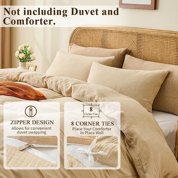 Bedlifes Muslin Duvet Cover Set- 100% Organic Cotton, Soft Textured Gauze Weave Comforter Cover for Breathable All-Season with Zipper Closure - 3 Piece Set