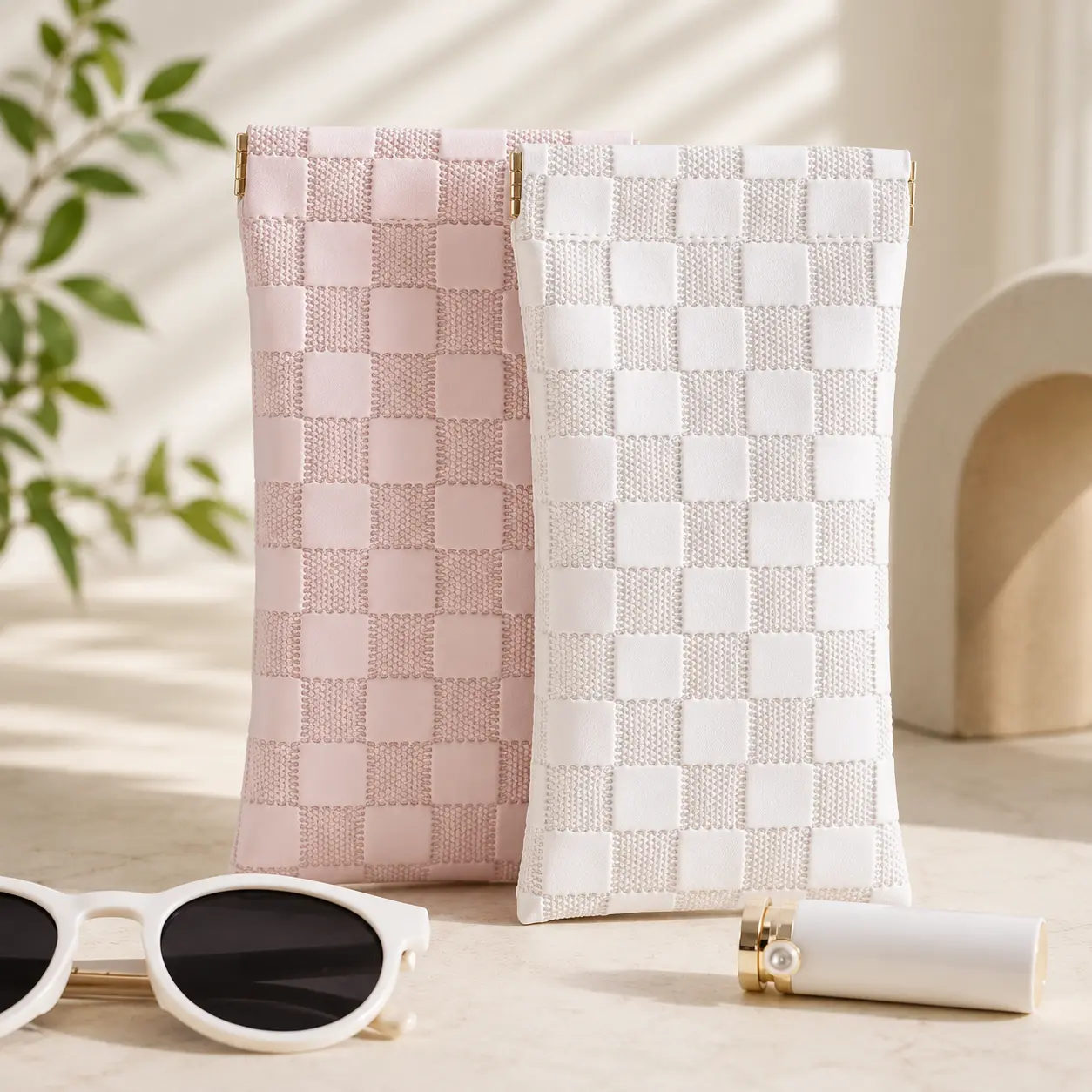 Unisex 2-Pack Textured PU Leather Outdoor Sunglasses Pouch, Scratch-Proof Self-Close Squeeze Top Storage Bag, Portable Soft Travel Eyeglasses Sleeve Organizer Accessories (TikTok Shop Back to School)