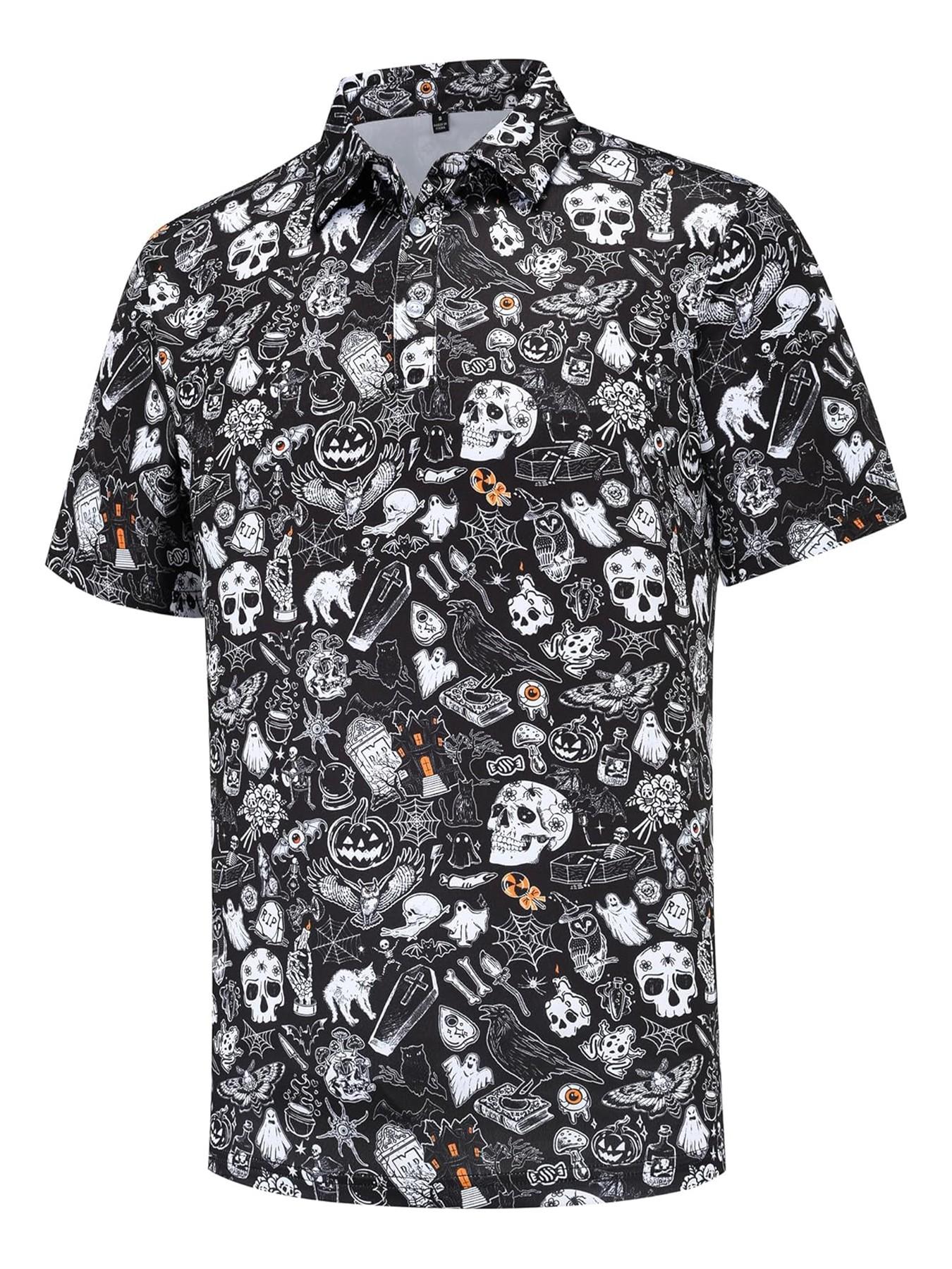 Men's Halloween Theme Polo Shirt, Hand-Drawn Skull Ghost Tombstone Pattern, Short Sleeve, Breathable, Festive Casual Golf Top,Unisex (Recommended ordering one size up),polo shirt for men,deals of the day，halloween costumes for men，halloween costumes