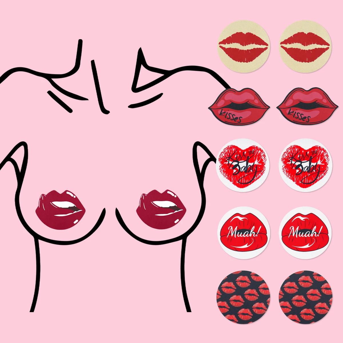 16 pairs of glitter glossy lip gloss stickers self-adhesive stickers black base red lip print kisses areola stickers seamless female disposable cover stickers