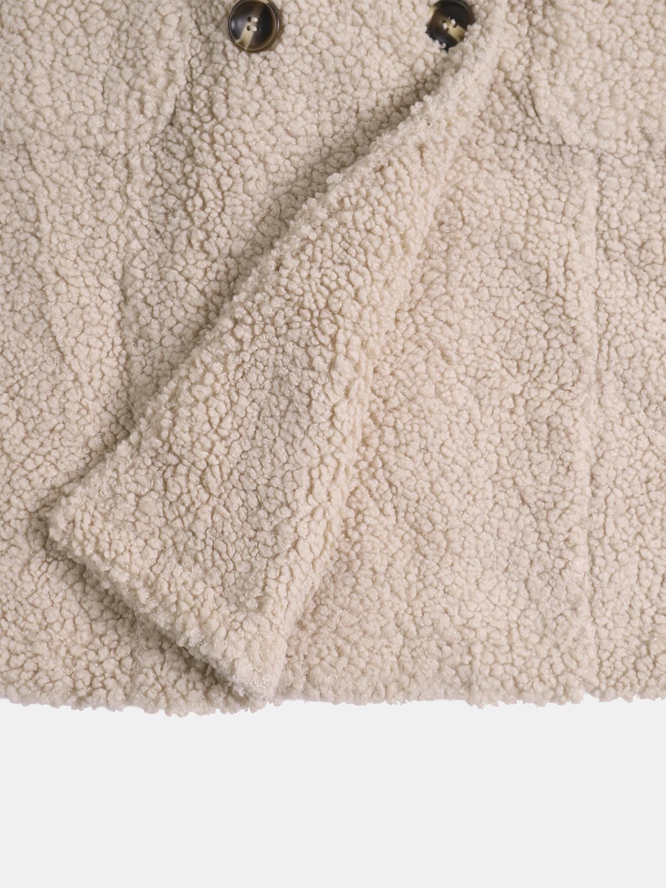 Women's Winter Lamb Fur Mid-Length Coat, Soft Aesthetic Ladies Double-Breasted Outerwear, Casual Loose-Fitting Jacket, Plain Pattern, No Ca Prop 65