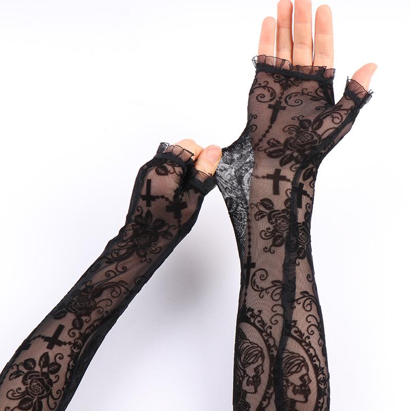 Half-finger lace sun protection gloves long arm sleeve set performance costume fingerless dark gothic cosplay accessories