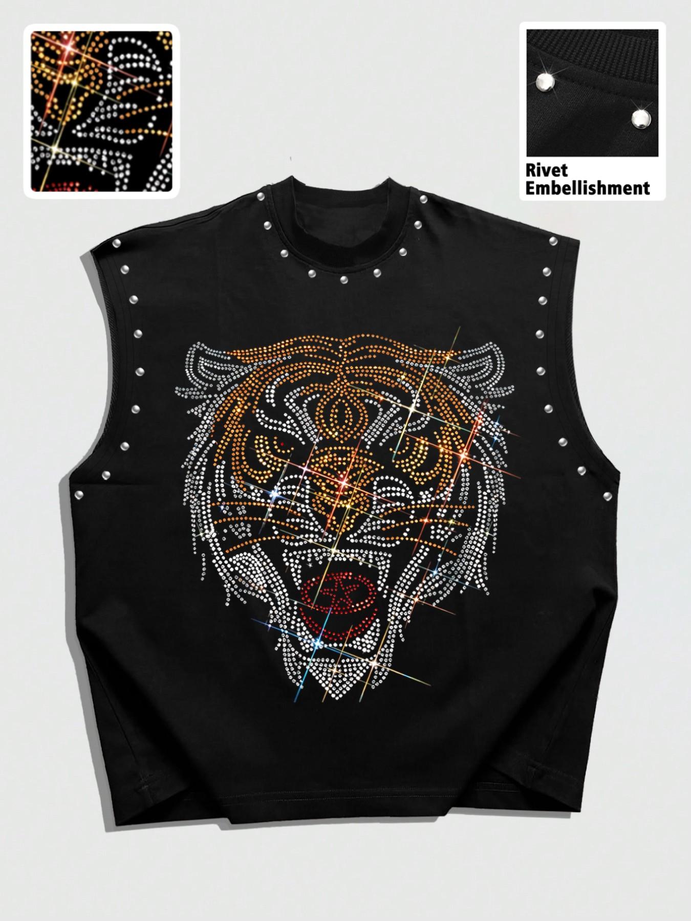 Summer Unisex Rivet Vest, Tiger Head Rhinestone Graphic Design, Loose Fit, Perfect for Streetwear, Music Festivals, Live House, Layering