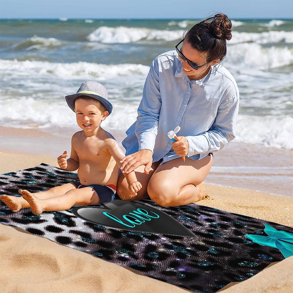 Y2K Coquette Leopard Love Beach Towel | High‑Definition Digital Print of Glitter Leopard, Teal Bows & Black Heart | Quick‑Dry Towel Towel for Pool, Beach, and Travel