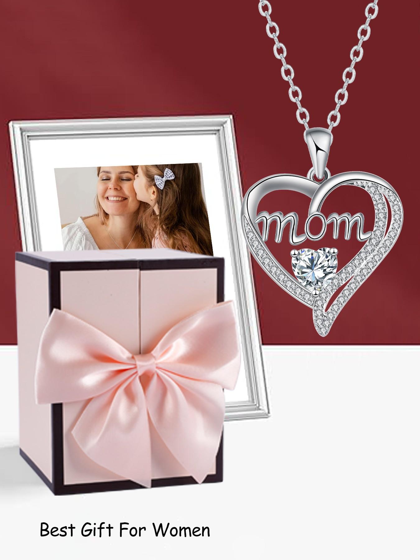 Apple Shape Rose Jewelry Gift Box With Love Heart Mom Pendant Necklace, Anniversary Birthday Jewelry First Mom Gifts for Women Wife, Mother's Day Jewelry Gift for Mom Heart Design Necklace