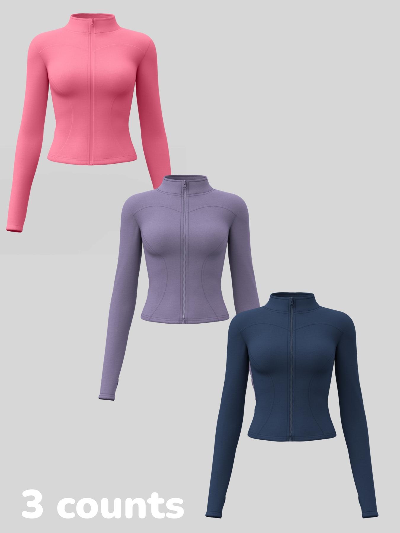Women's Long Sleeve Yoga Jacket Set, Sports Outerwear, High Neck Zipper Closure, Quick-Dry Fitness Top, Tight-Fitting Sports Wear, Athletic Sports Clothing, 3 Piece Pack