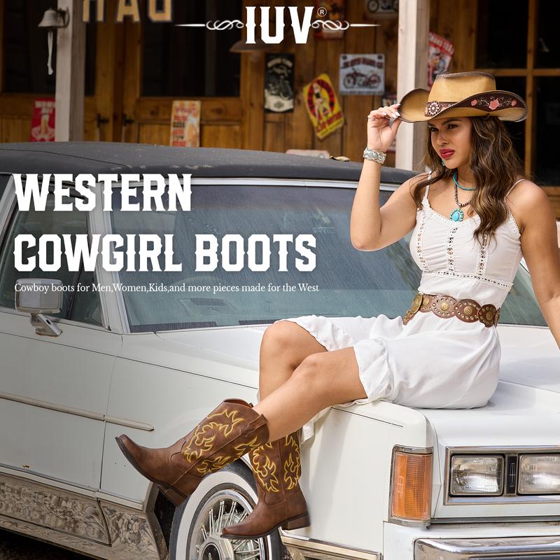IUV Cowboy Boots For Women Square Toe Cowgirl Boots Mid Calf Western Boots Pull On Fashion Cowboy Boots