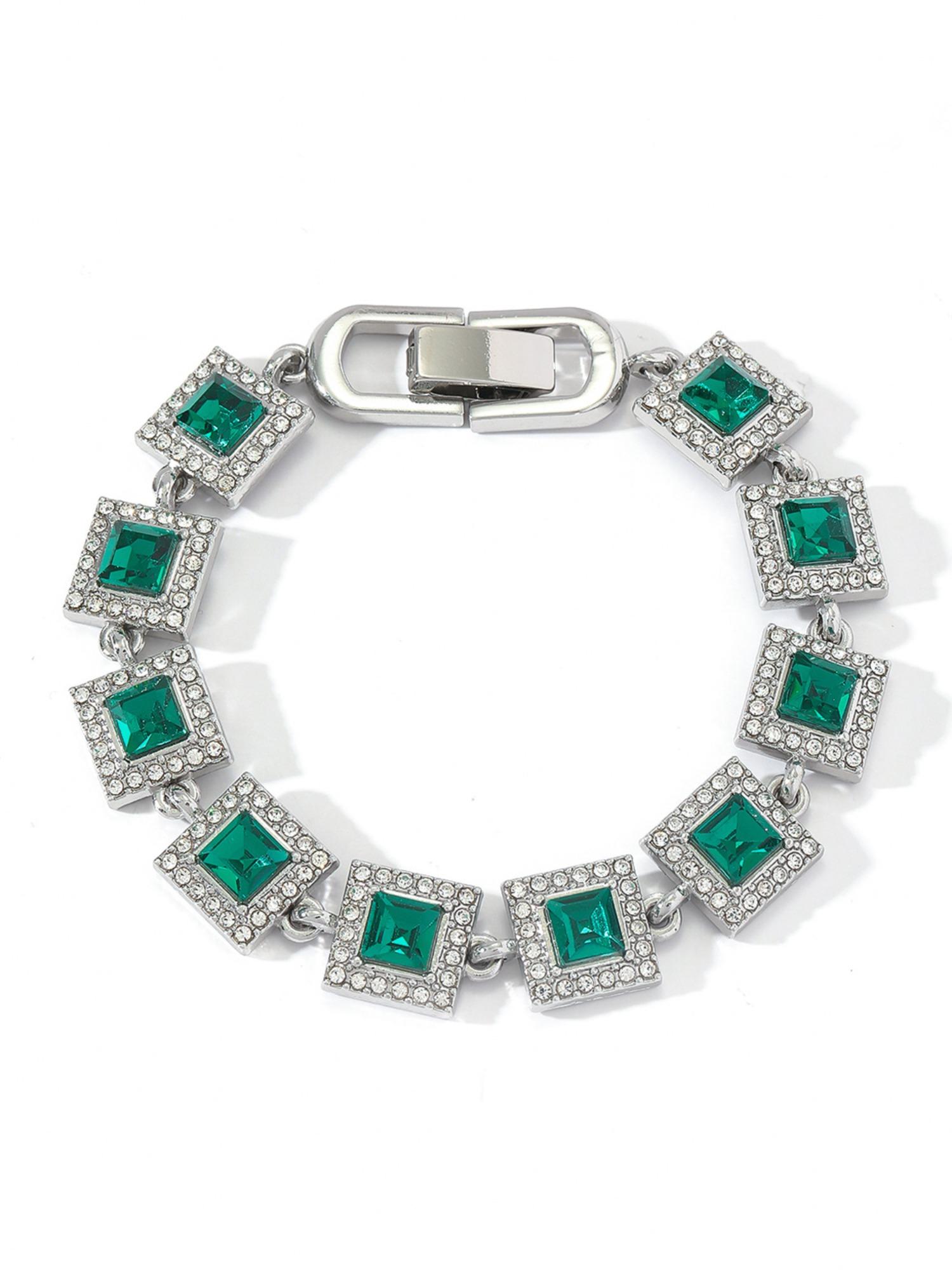 Trendy Spliced Square Color Necklace Bracelet Set, Unisex Iced Out Blingbling Design, Ideal Jewelry Gift & Punk Style Accessory