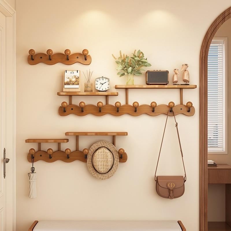Modern Simple Coat Rack with Multiple Hooks, Wall-Mounted Bamboo Clothes Hanger, Wall Mounted Shelf, Stable and Durable, Suitable for Entryway, Bedroom, Bathroom, Wall Mount Design