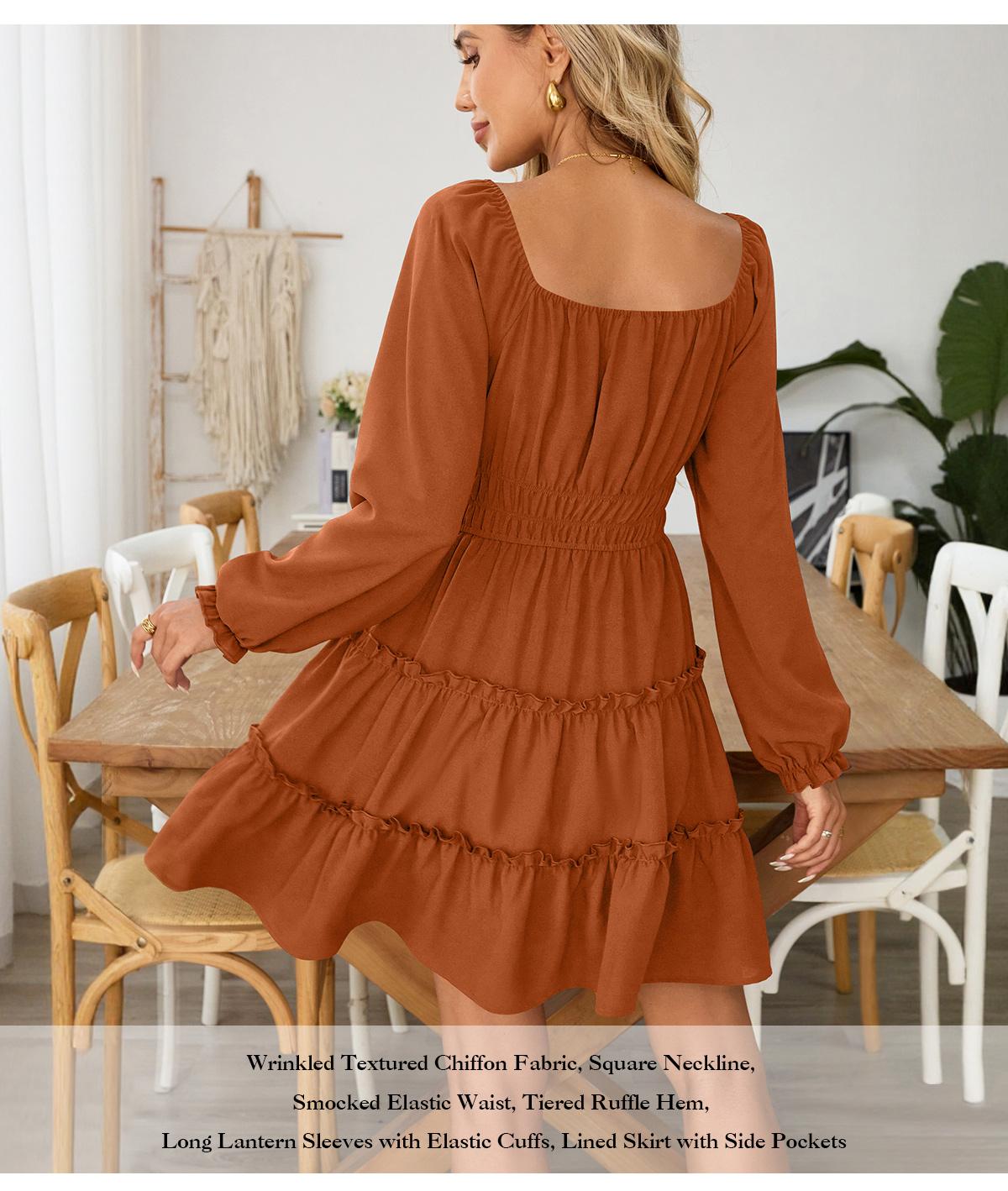 Chicovar Women's Square Neck Boho Mini Dress – Long Sleeve Smocked Waist Tiered Ruffle Dress with Pockets,Easter dress, Cute Lantern Sleeve for Spring Wedding Guest, Family Photos, Church, Westernfashion
