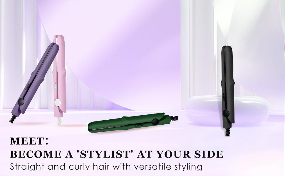 Omaky Upgraded 2-in-1 Mini Curling Wand Flat Iron Hair Straightener,Mini Dual Purpose Curling Flat Iron, Long-Lasting Portable Travel Curling Wand for Women Girls Short Hair, All Hair Types(Pink)