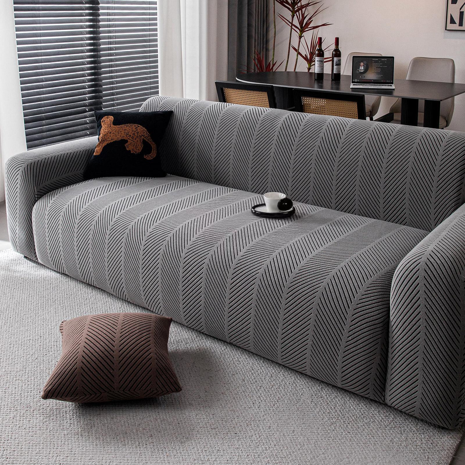 Fishbone Pattern Sofa Cover, 1pc New All-Season Elastic Full Wrap Sofa Protector, Anti-Slip Cat Scratch Resistant Three-Seater Couch Pad, Elastic Sofa Slipcover, Stretch Sofa Cover