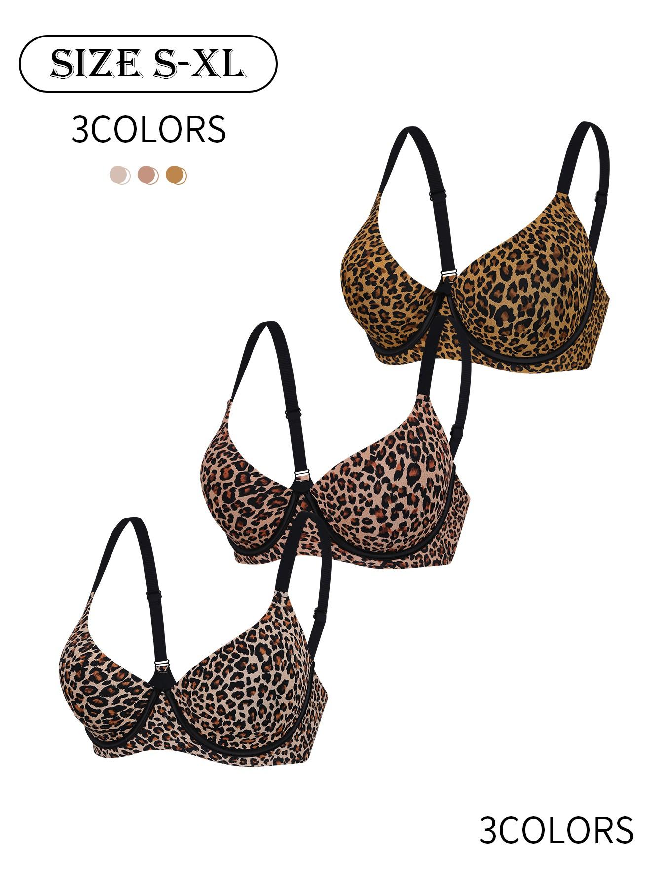 3pack / 3 colors leopard print seamless bra, four rows of two hooks, push-up and lift, adjustable straps, with underwire, sports bra, suitable for daily wear, parties, yoga, comfortable, breathable, skin-friendly, women's bra.